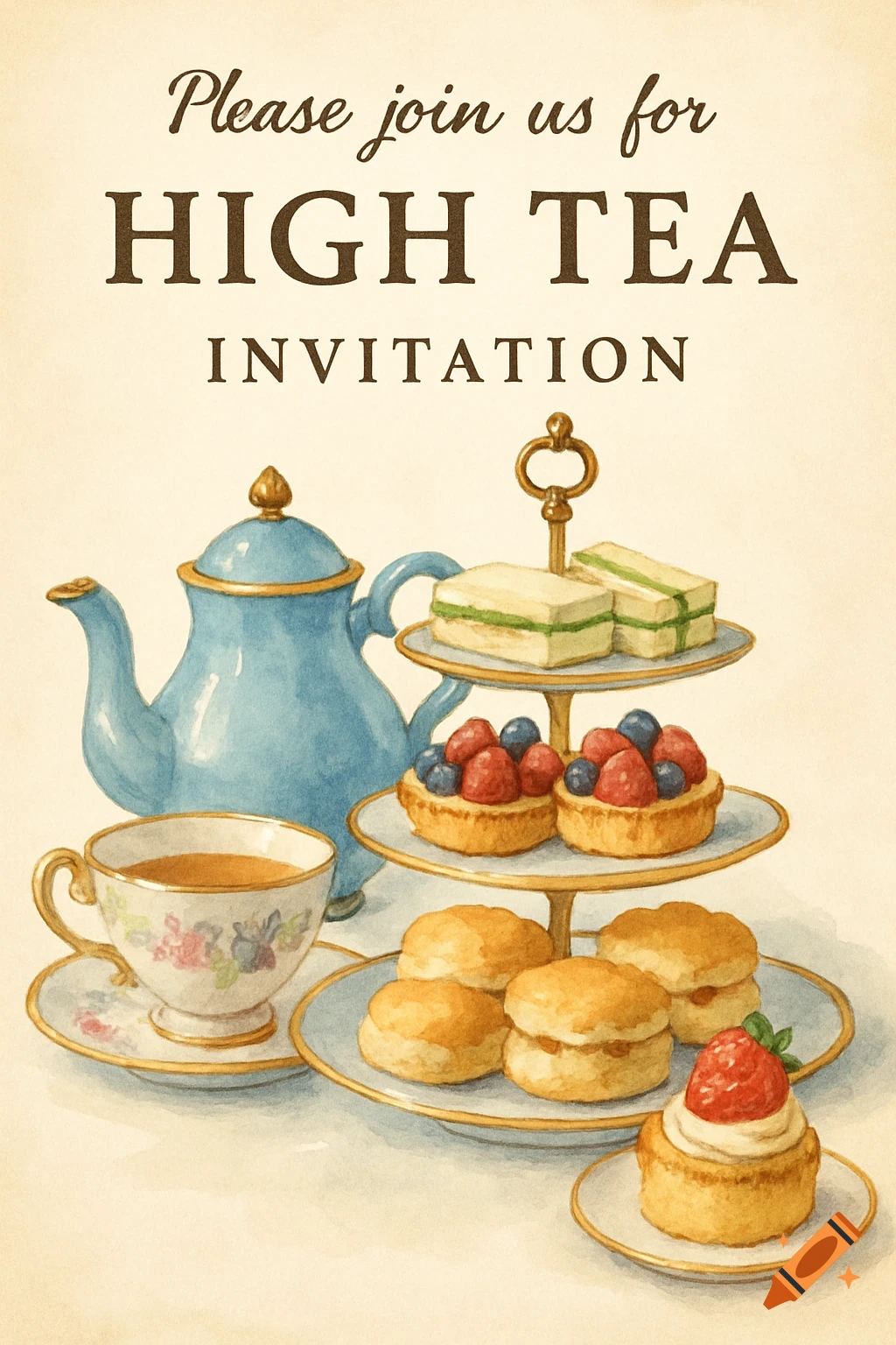 A watercolor-style high tea invitation with a teapot, teacup, and pastries.