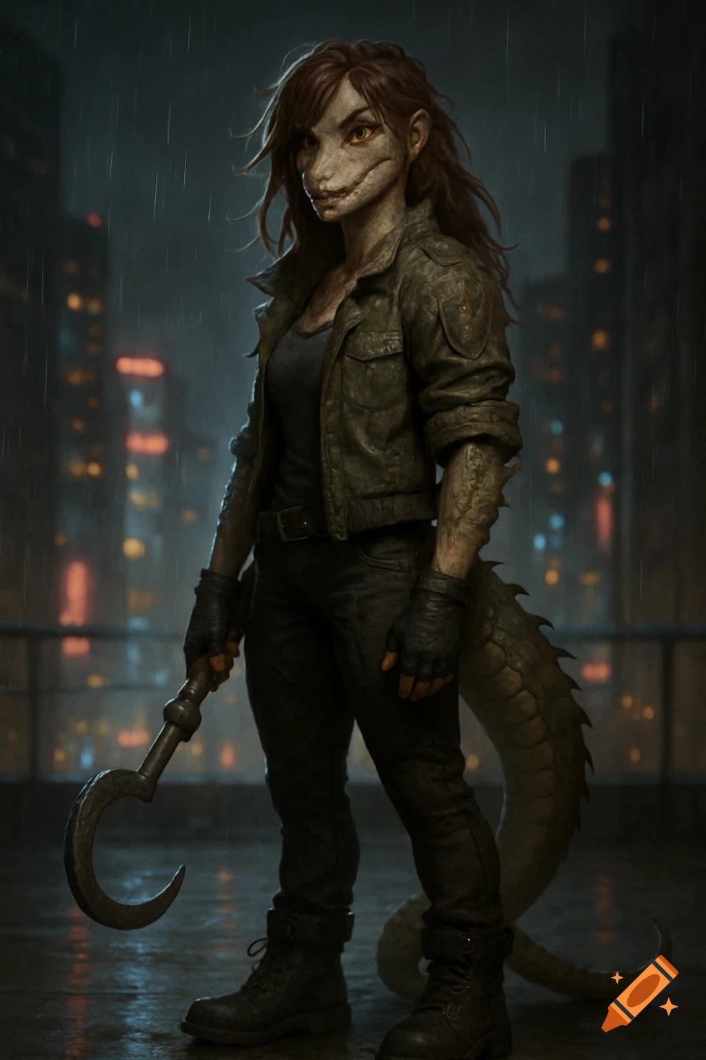 Humanoid reptilian woman with hook on rainy urban rooftop at night.