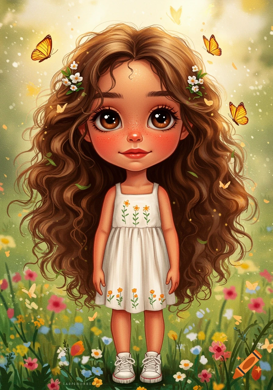 Girl with butterflies and flowers in a meadow.