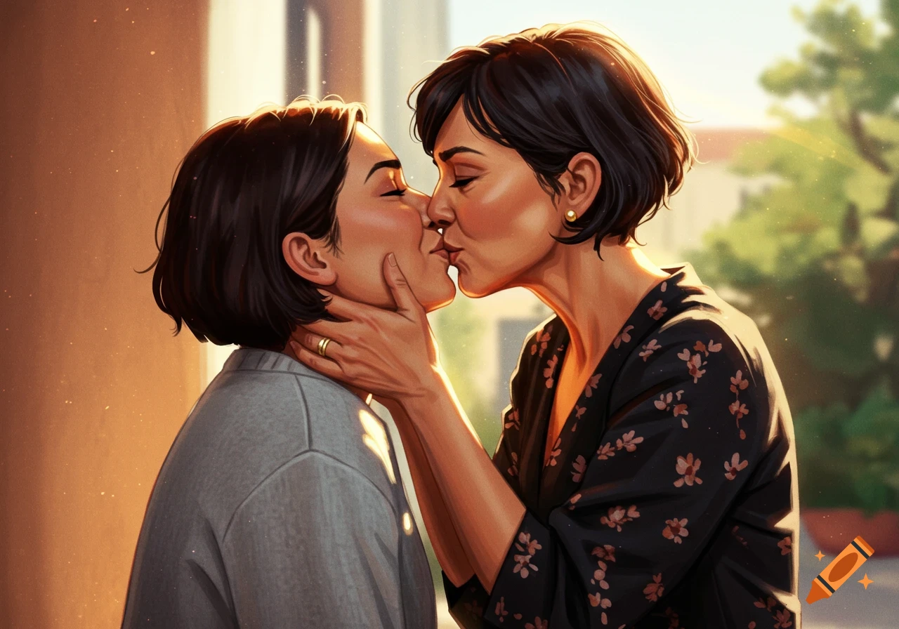 Two women are kissing in warm sunlight.