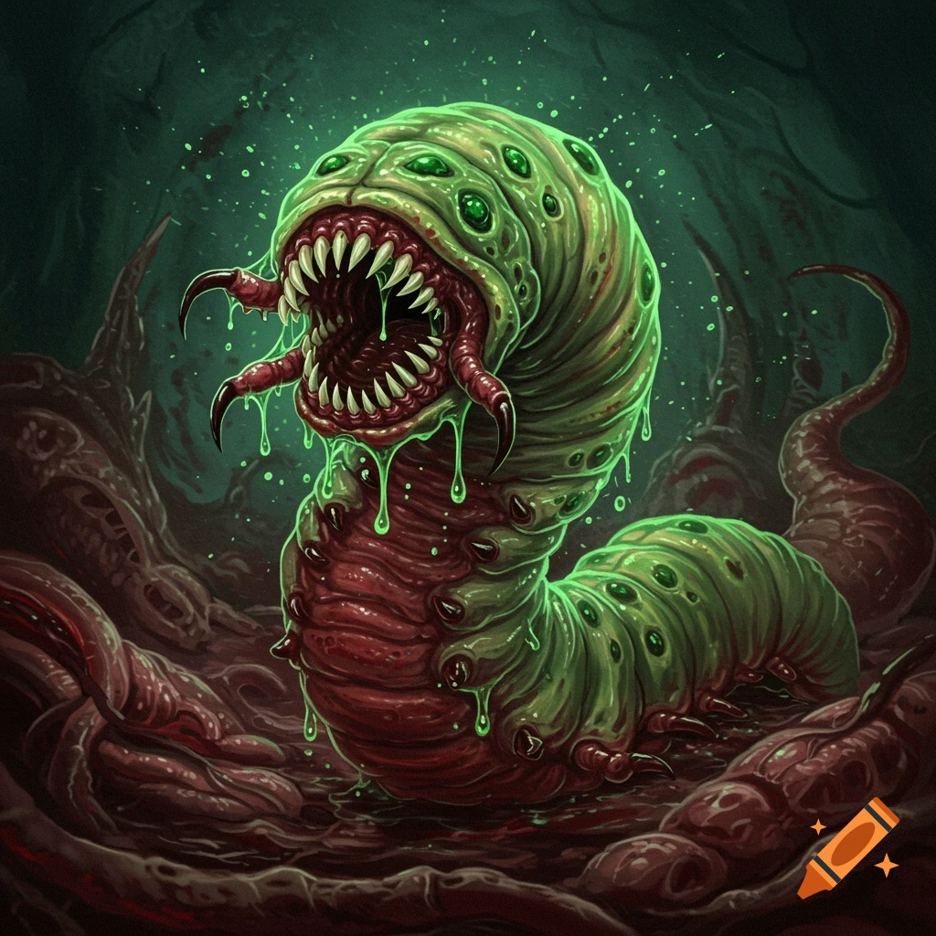 A grotesque, green segmented worm monster with sharp teeth and dripping slime in a dark, decaying setting. Detailed horror art.