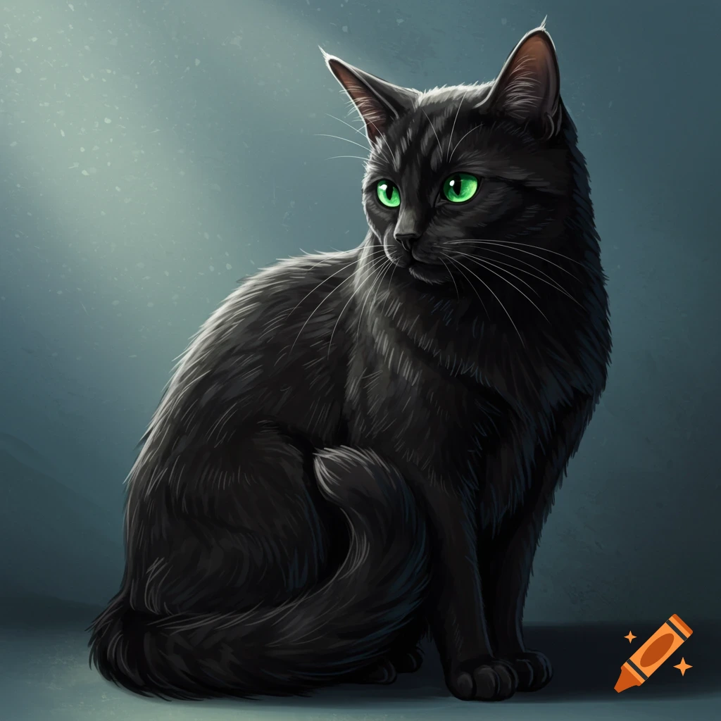 A black cat with bright green eyes sits.