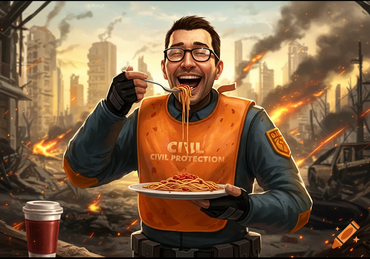 Man in civil protection vest eating spaghetti in a war-torn city.