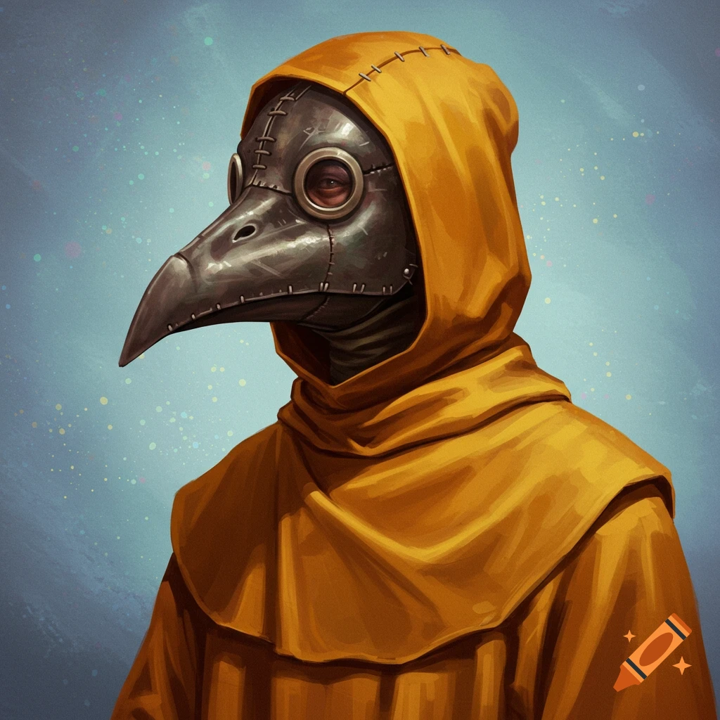 A person wearing a plague doctor mask and yellow hooded robe.