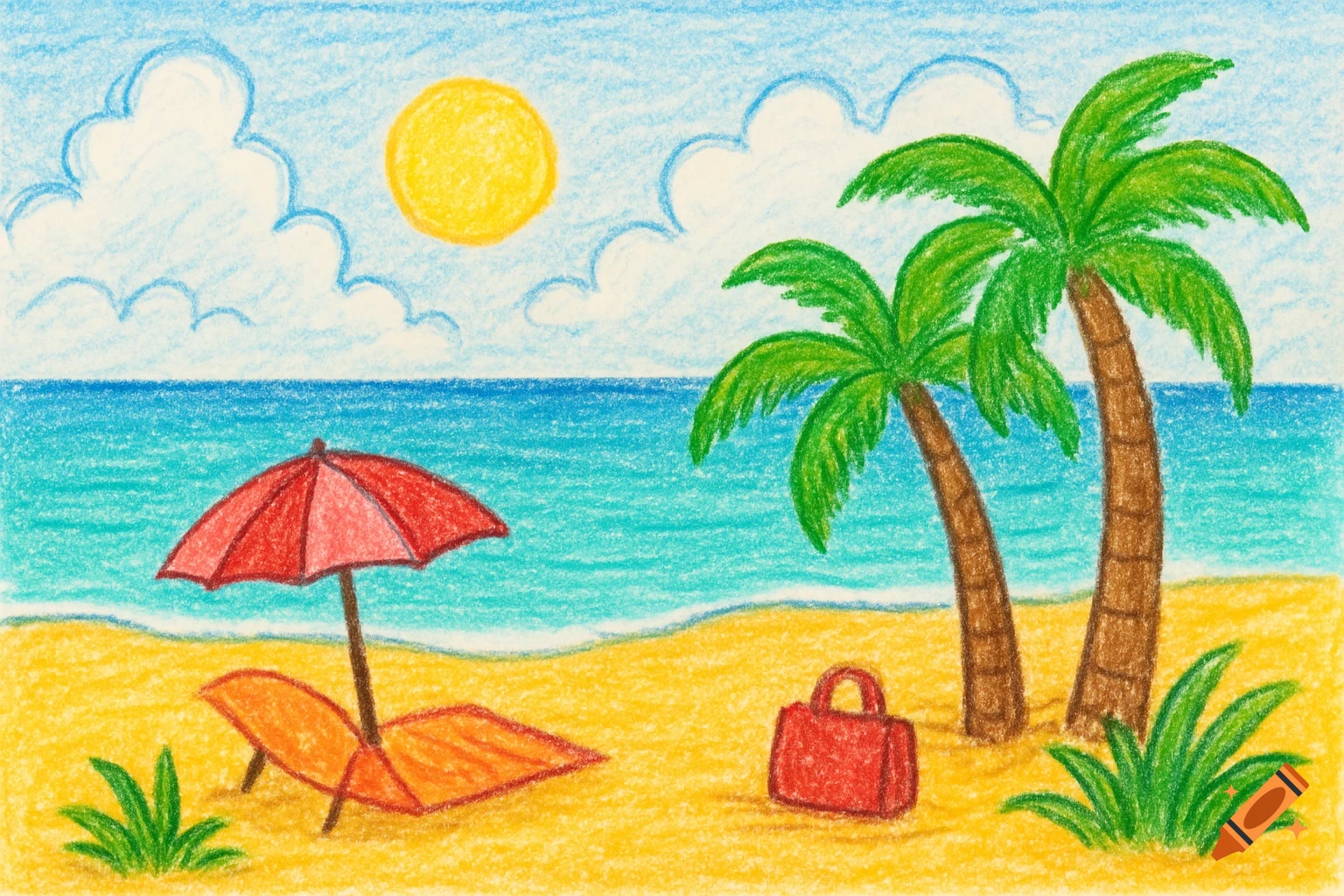 Crayon drawing of a beach scene with palm trees, umbrella, lounge chair, red bag, ocean, and sun.