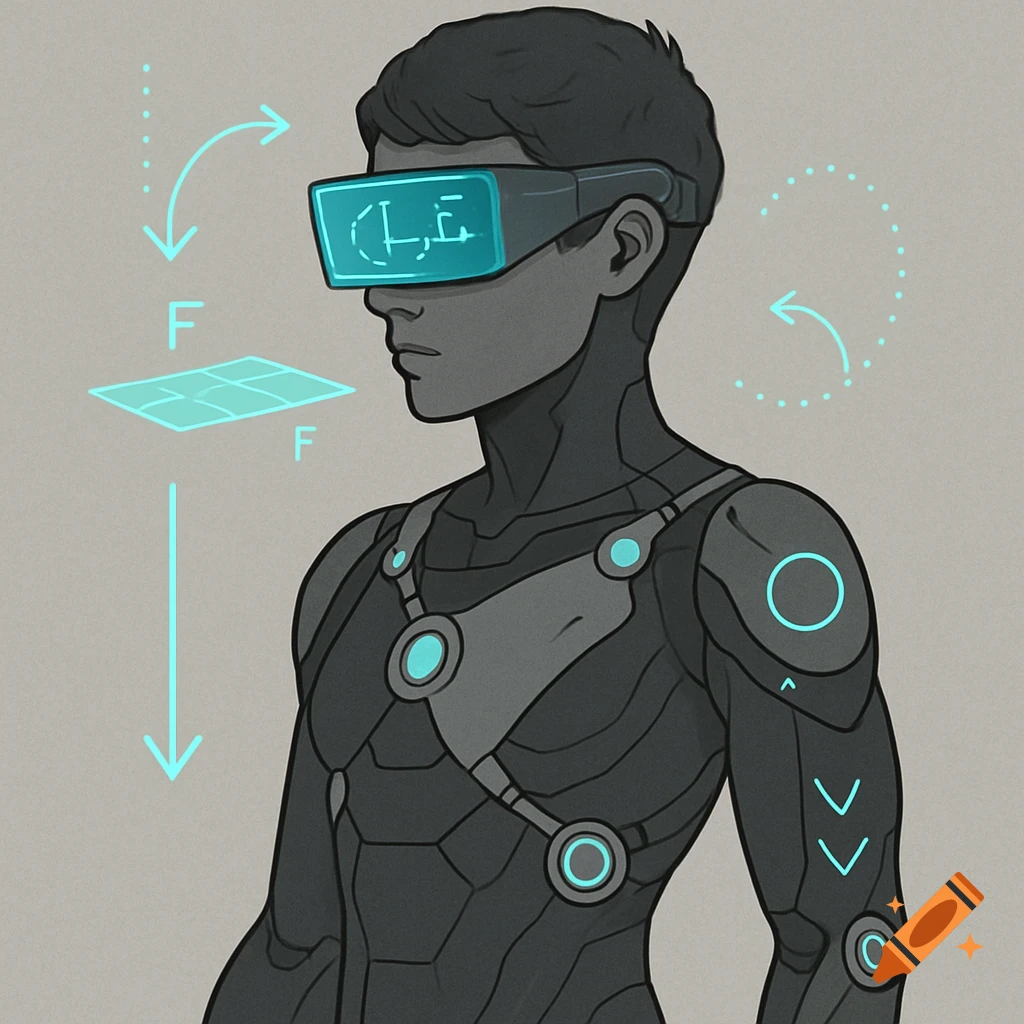 Stylized illustration of a person in futuristic suit with AR headset showing data and graphics.