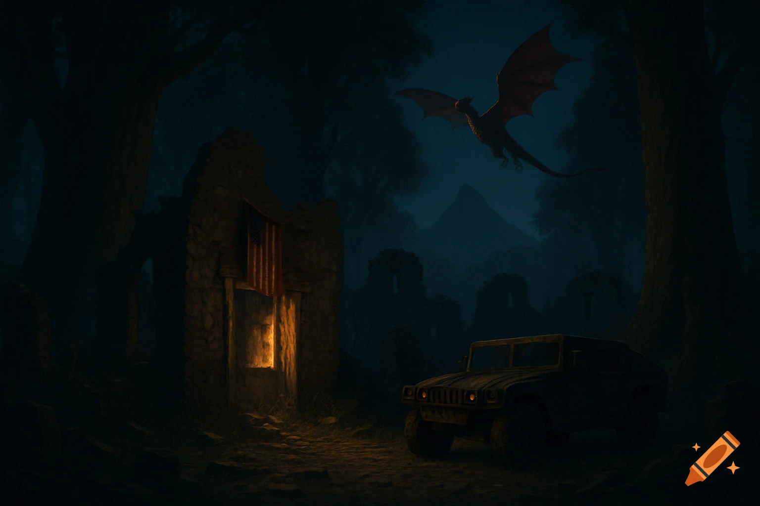 A dragon flies over dark forest ruins with a Humvee and an American flag illuminated by light from a window.