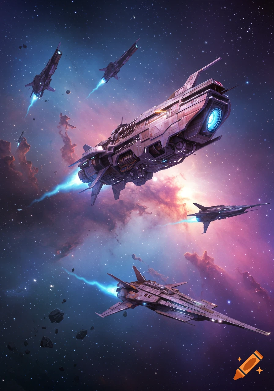 Detailed space ships flying through starry space with colorful nebulae.