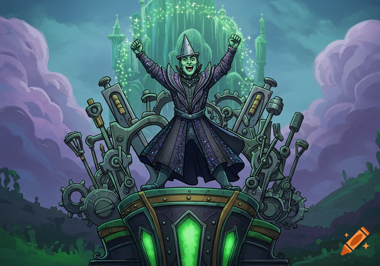 Cartoon illustration of the Wizard of Oz from Wicked celebrating on a mechanical podium.