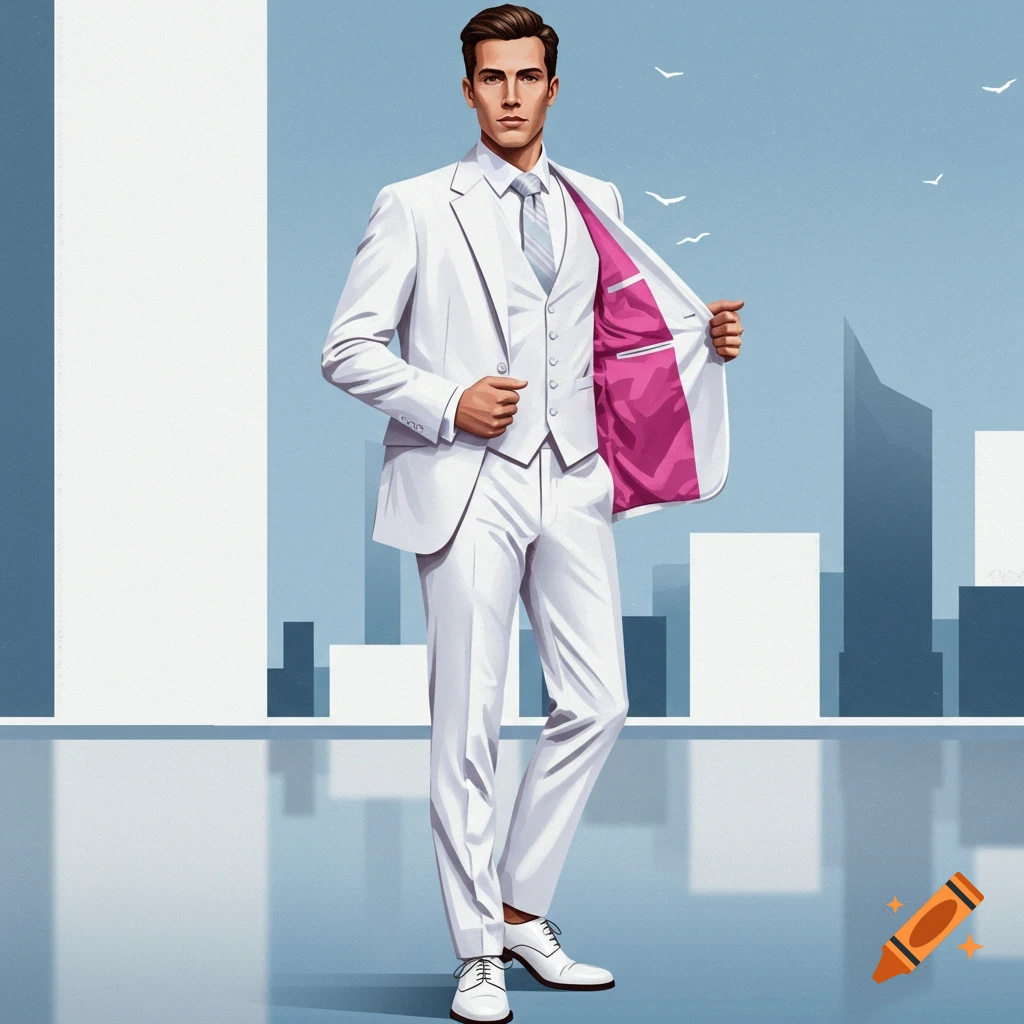 A man in a white suit with a pink interior stands against a city skyline.