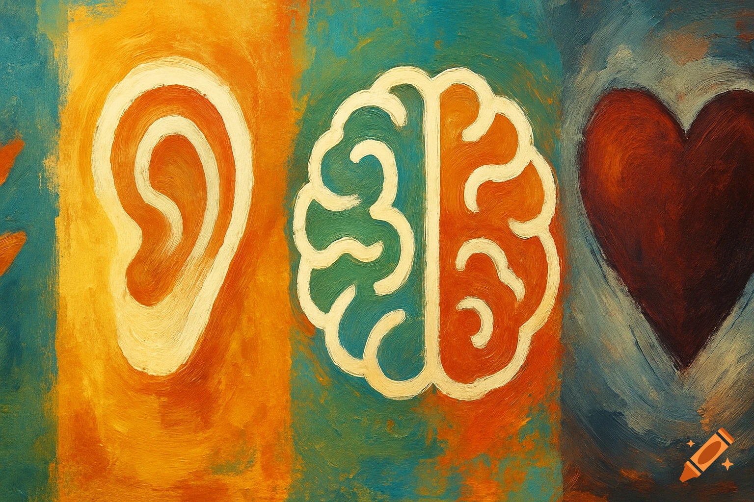 Oil painting of an ear, a brain, and a heart on a colorful abstract background.