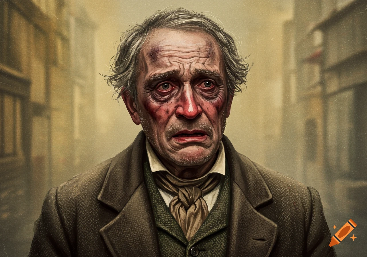 A man with bruised face and messy makeup looks distressed