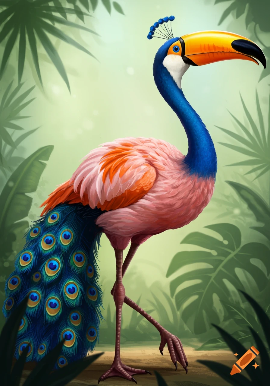 A mythical bird with a flamingo body, toucan beak, ostrich legs, and peacock tail in a jungle.
