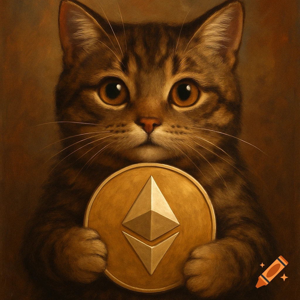 A tabby cat holds a golden coin with the Ethereum symbol