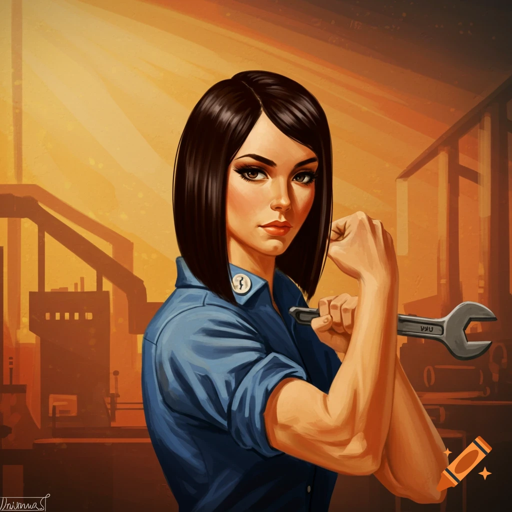 A woman flexing her bicep and holding a wrench in a factory setting.
