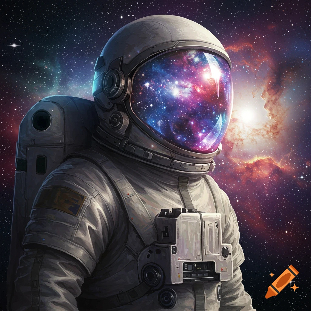 An astronaut with a colorful nebula and stars reflected in their helmet visor.