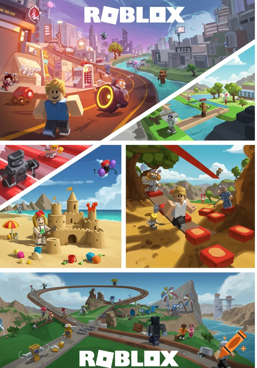 Multi-panel scenes with Roblox characters playing in a city, park, beach, obstacle course, and landscape.
