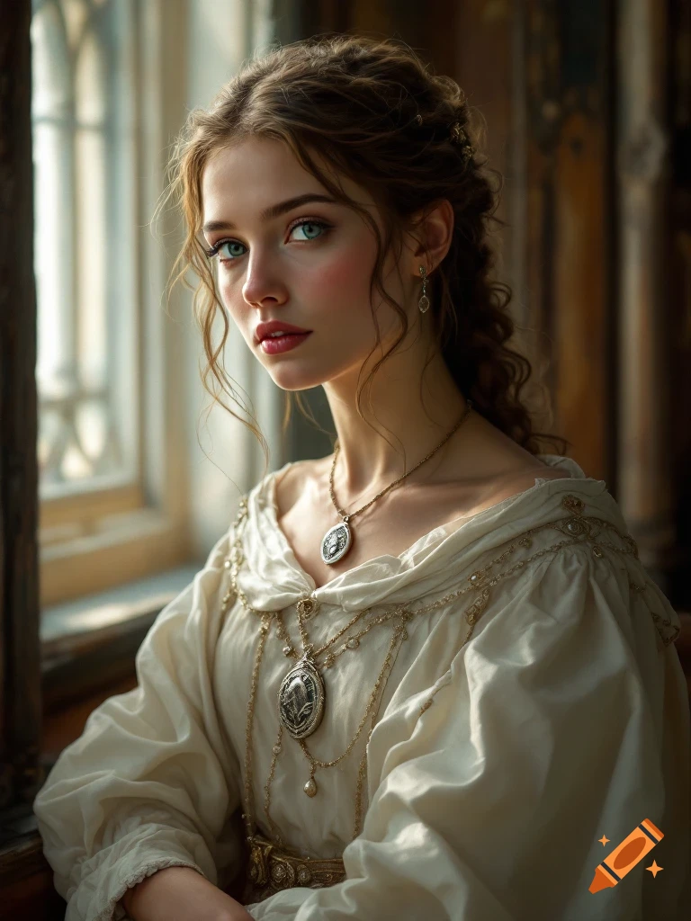 A young woman in historical dress and layered necklaces looks out a window.