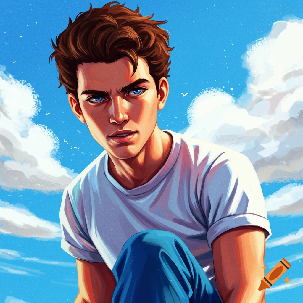 Portrait of a young man with brown hair and blue eyes against a cloudy blue sky.