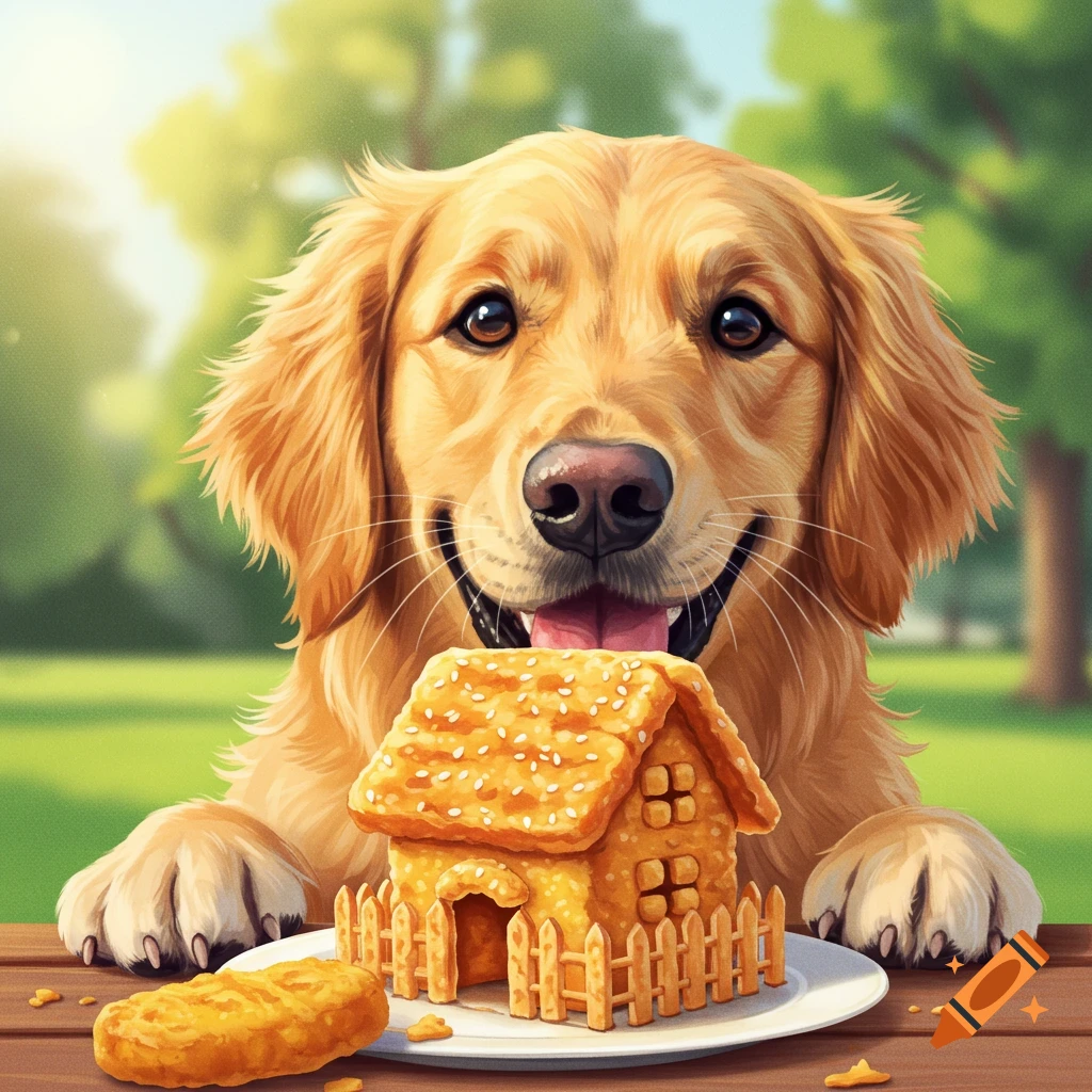 a golden retriever dog smiling at a house made of chicken nuggets on a table