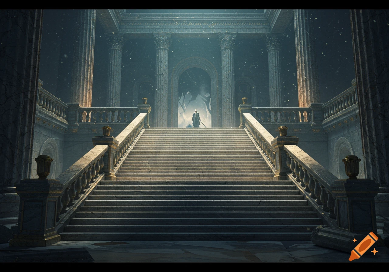 A figure standing at the top of a grand staircase in a ruined temple with broken pillars.