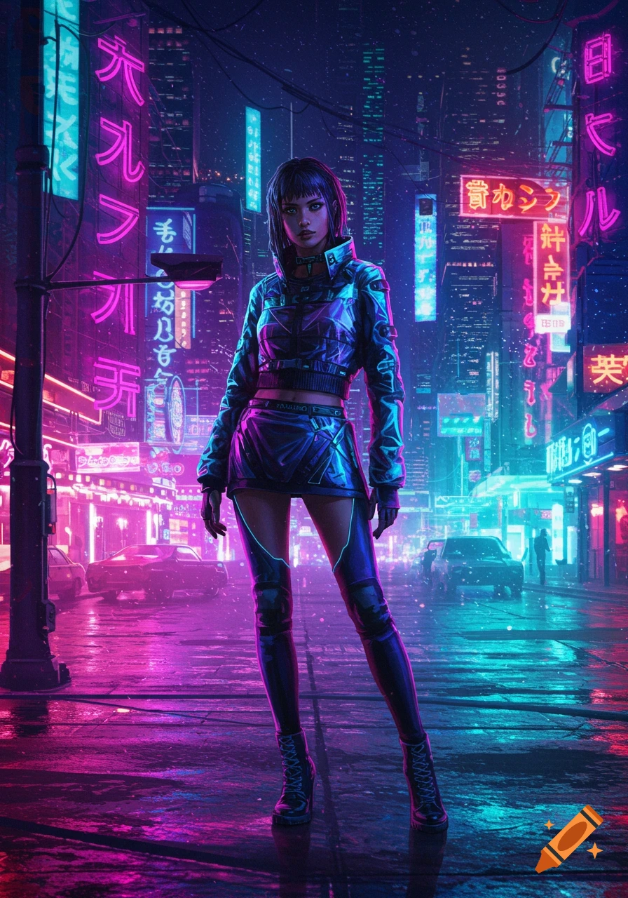 A futuristic fashion model stands on a neon-lit city street.