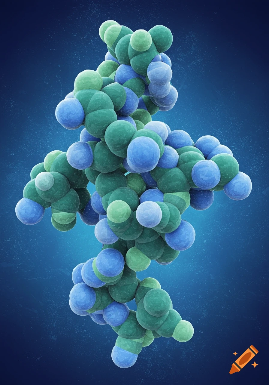 Digital rendering of a molecular structure with blue and green spheres on a blue background.