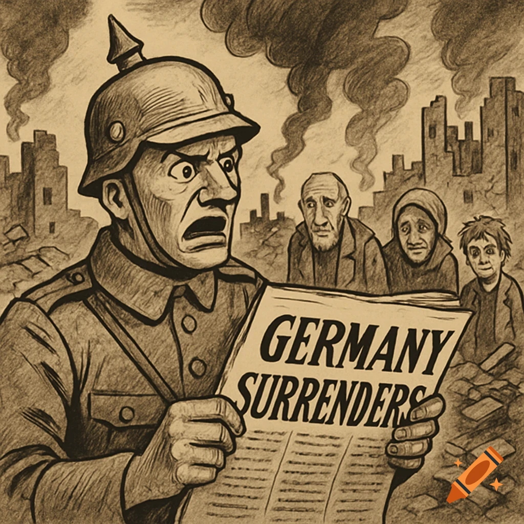 A WWI German soldier reads a newspaper announcing Germany's surrender in a destroyed city, in a sketch style.