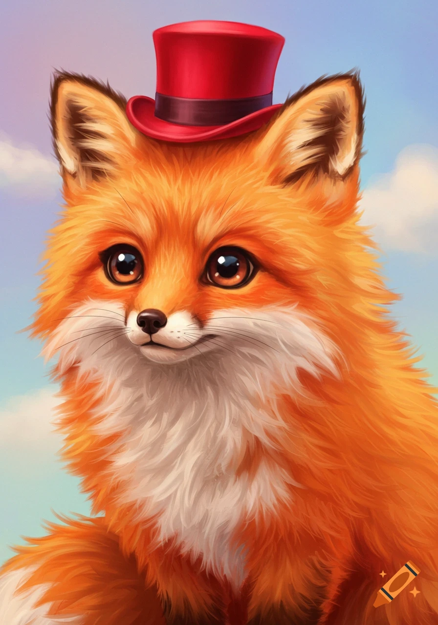 A cute picture of a fox wearing a red hat.