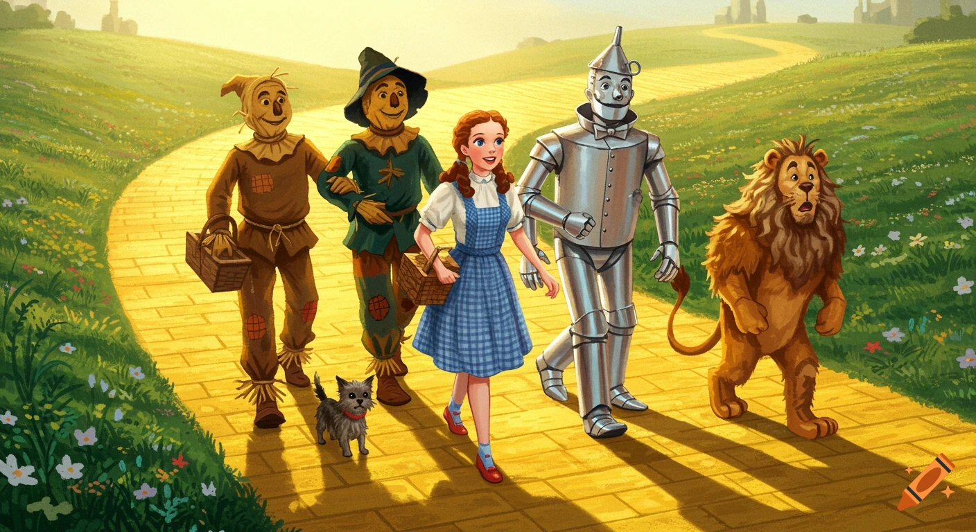 Dorothy, Toto, Scarecrow, Tin Man, and Lion walk on the yellow brick road in a children's book illustration.
