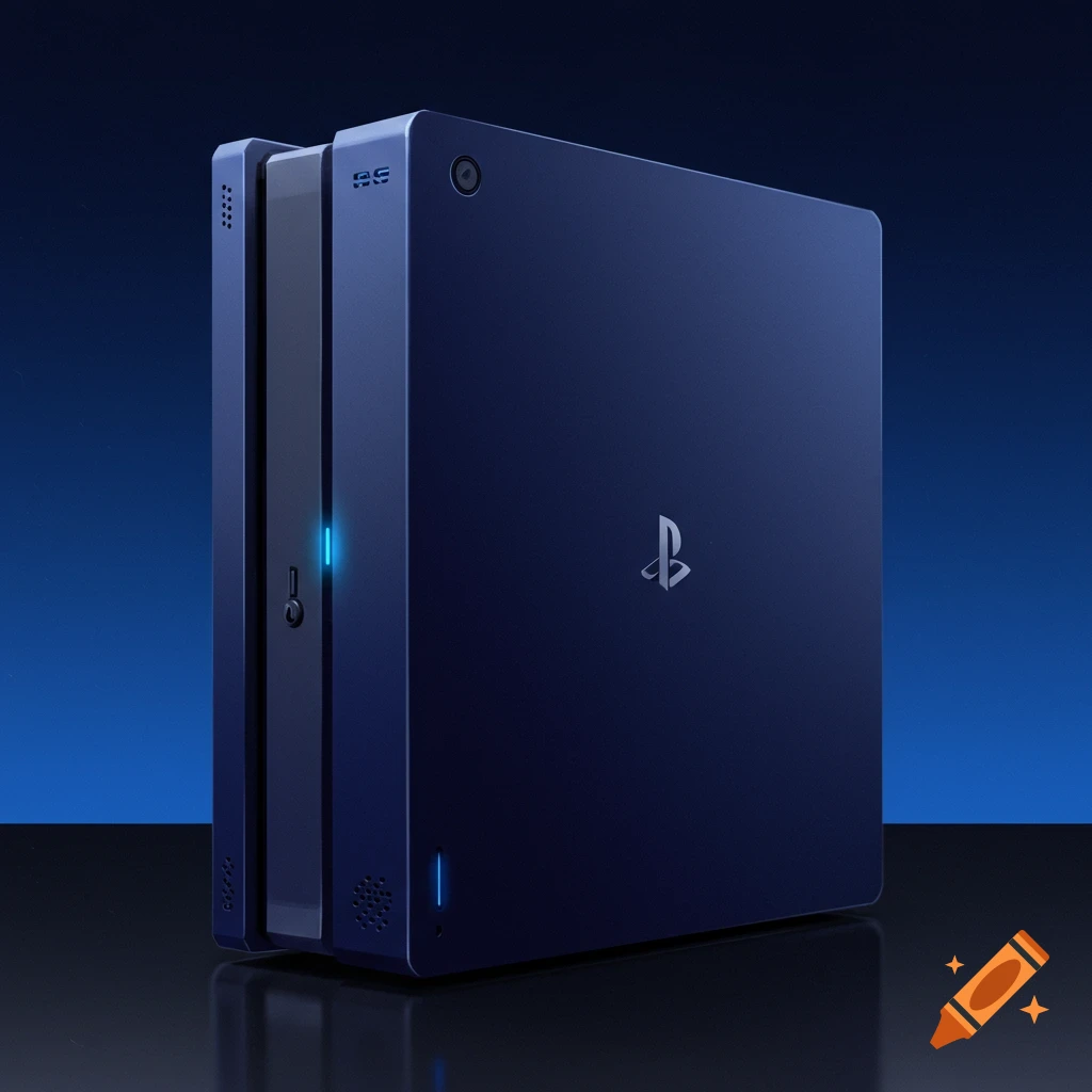 A dark blue PlayStation 6 concept console.