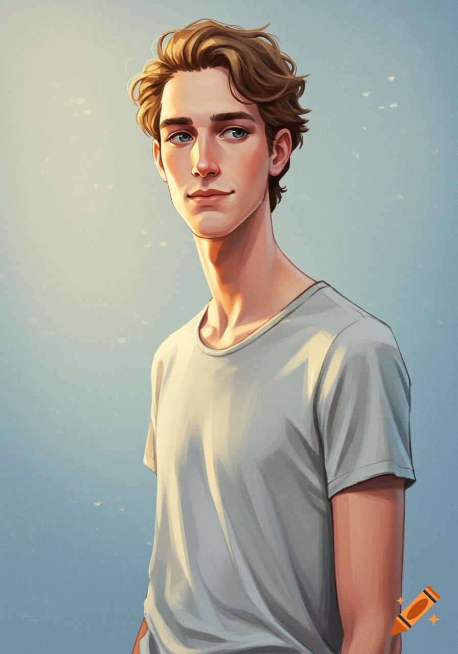 A young man with brown hair and blue eyes wears a grey t-shirt.