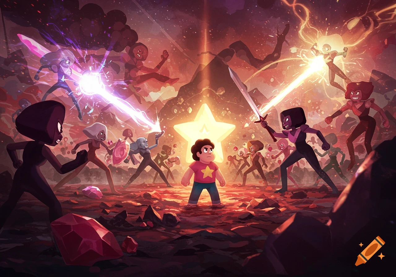Steven Universe stands amidst a chaotic gem battle with other characters, surrounded by energy and shattered stones in a dynamic cartoon style.