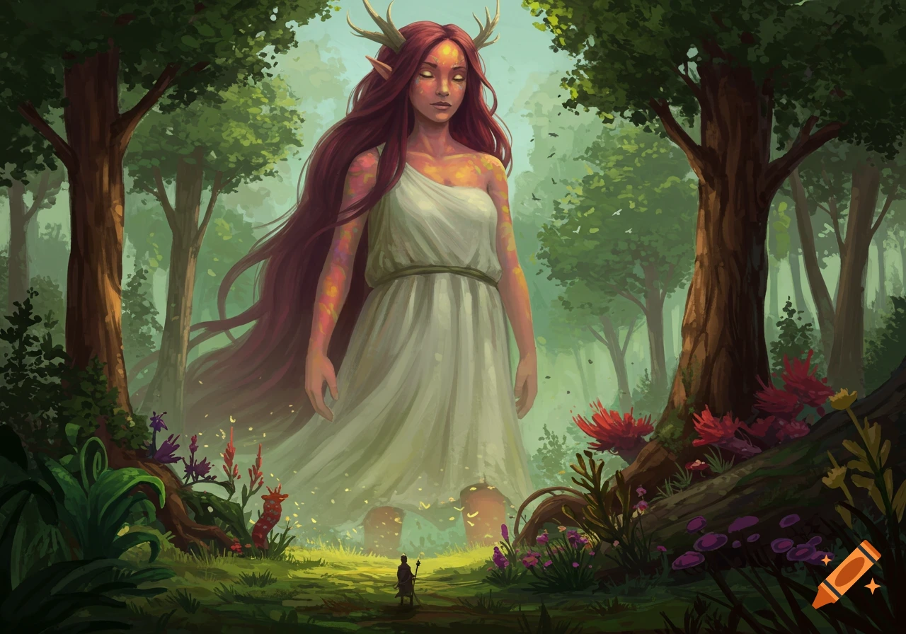 A giant woman with antlers stands in a forest, a small figure at her feet.