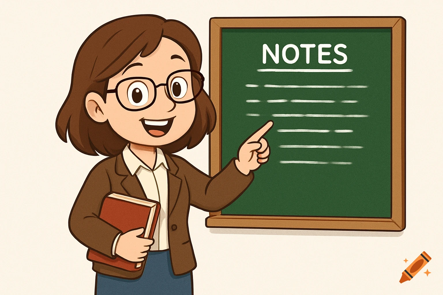 Cartoon teacher pointing at a blackboard with 'NOTES' written on it, holding a book.