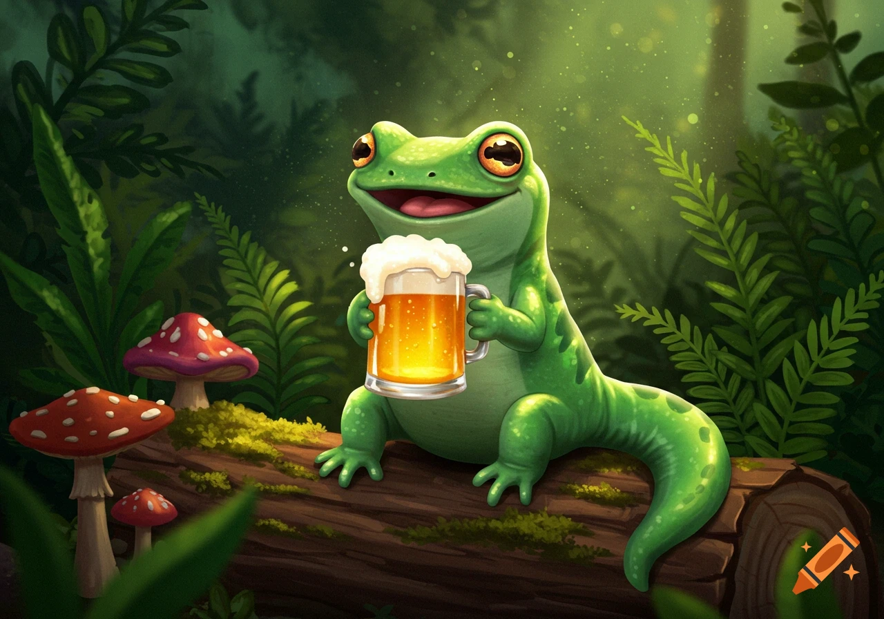 Cartoon salamander sits on a log in a forest, holding a mug of beer.