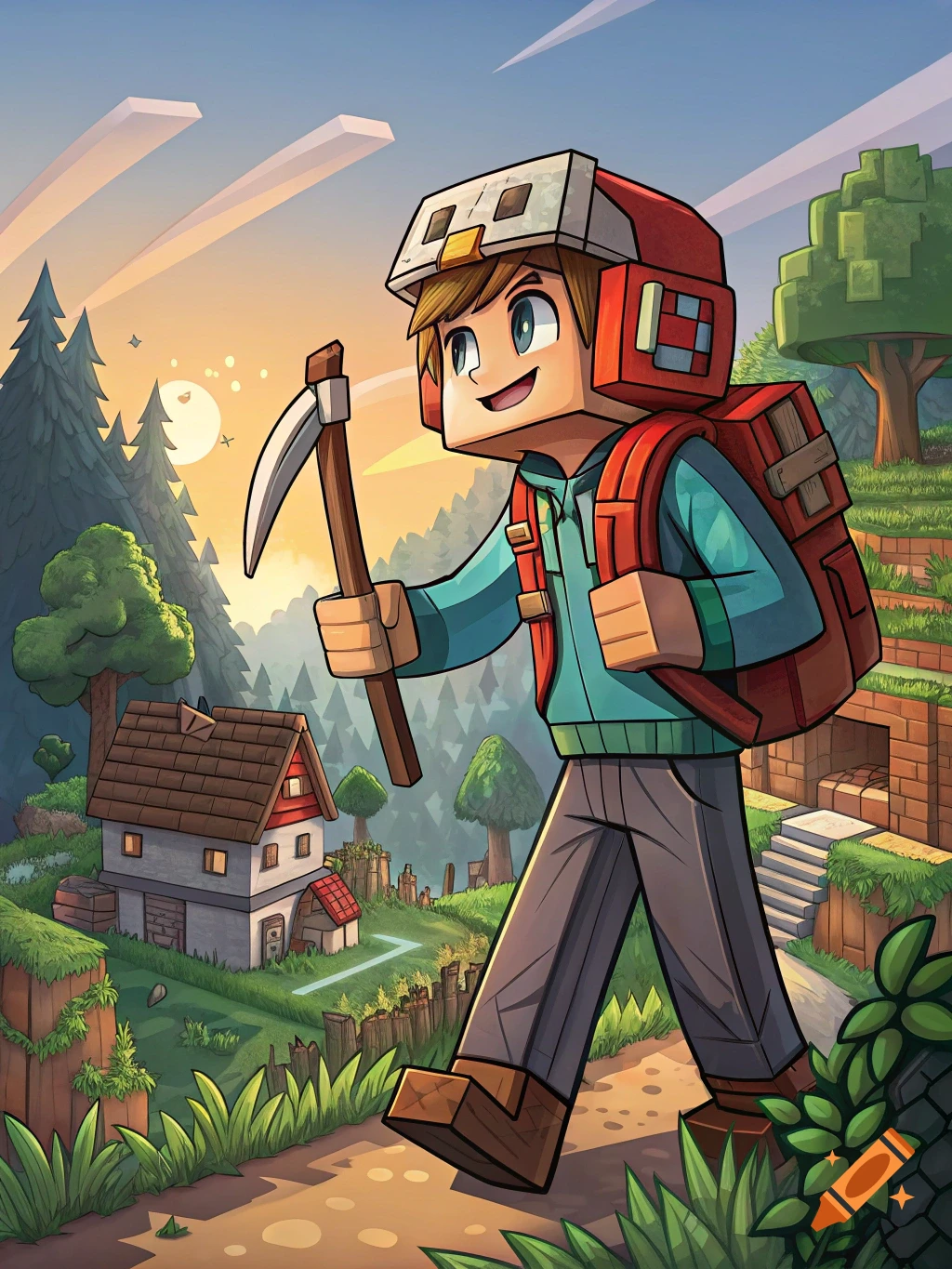 Minecraft-style character holding a pickaxe walks on a path towards a house and forest.
