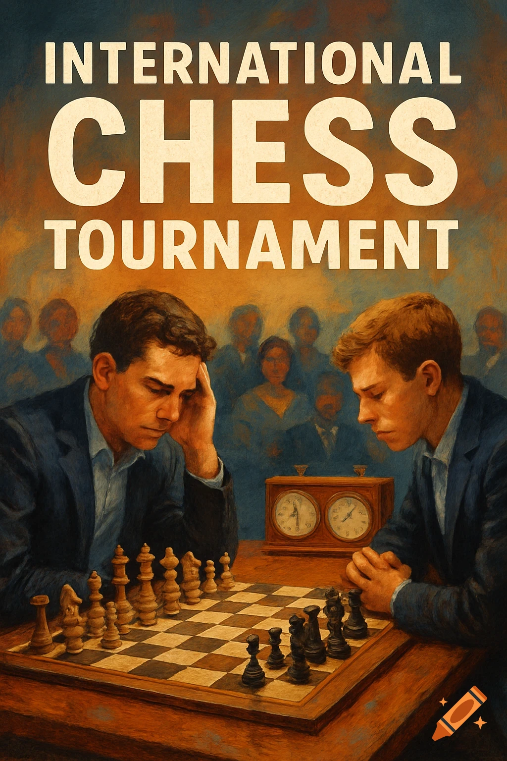 Two men playing chess in a tournament, titled International Chess Tournament.