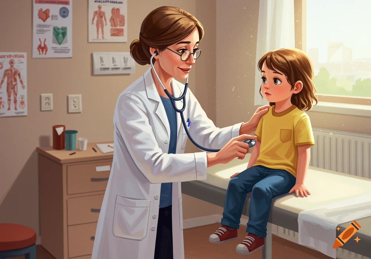 A doctor examines a child in an exam room.