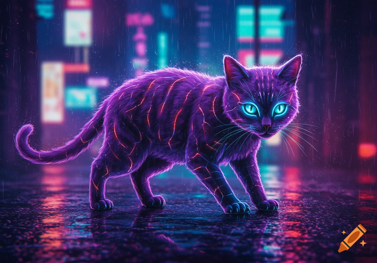 A cyberpunk cat with glowing purple fur on a wet city street.