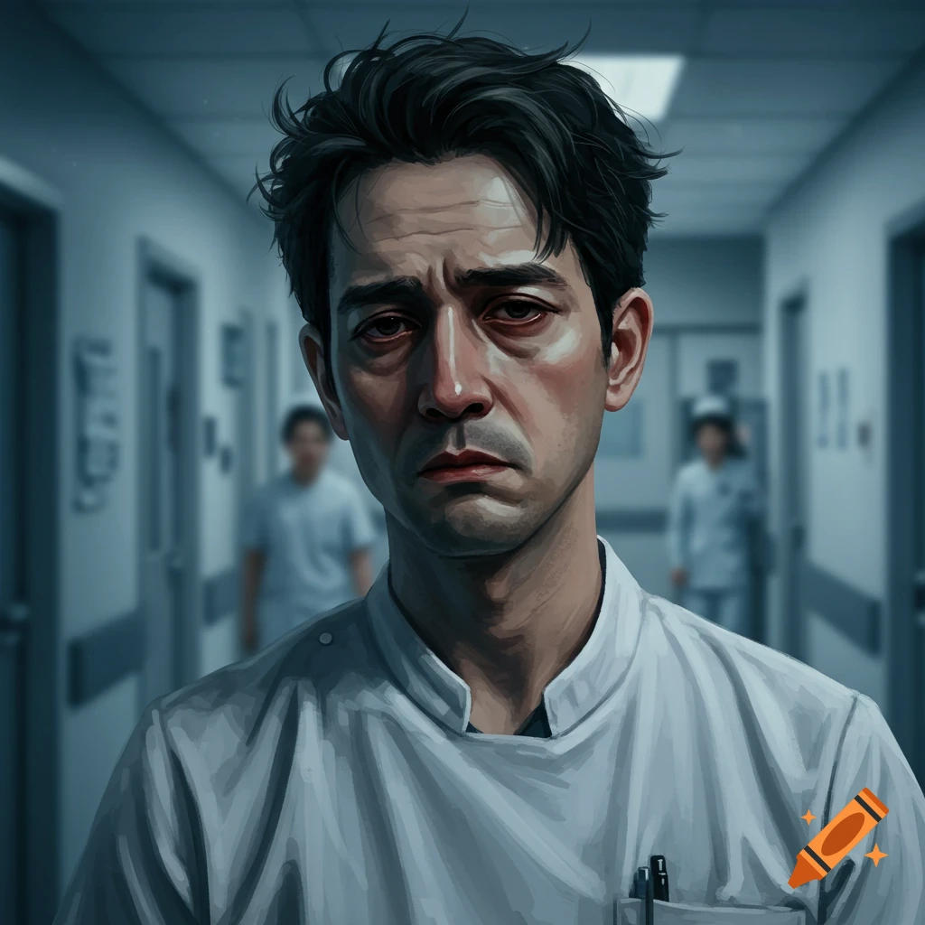 Close-up of a tired person in a hospital hallway.