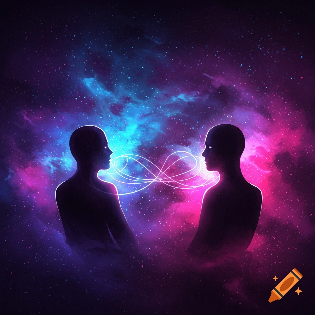 Two silhouette figures with glowing connection lines between them against a vibrant blue and purple cosmic background.