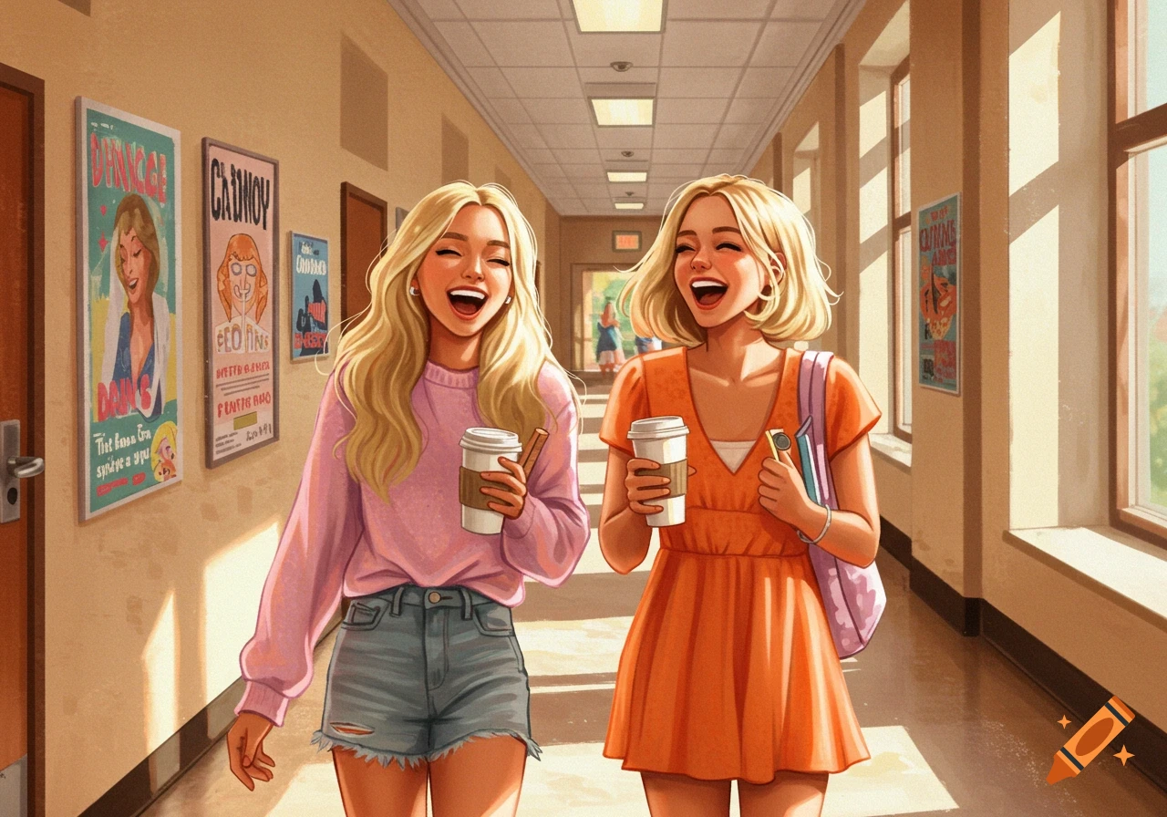 Two laughing blonde women walking down a sunny school hallway holding coffee cups