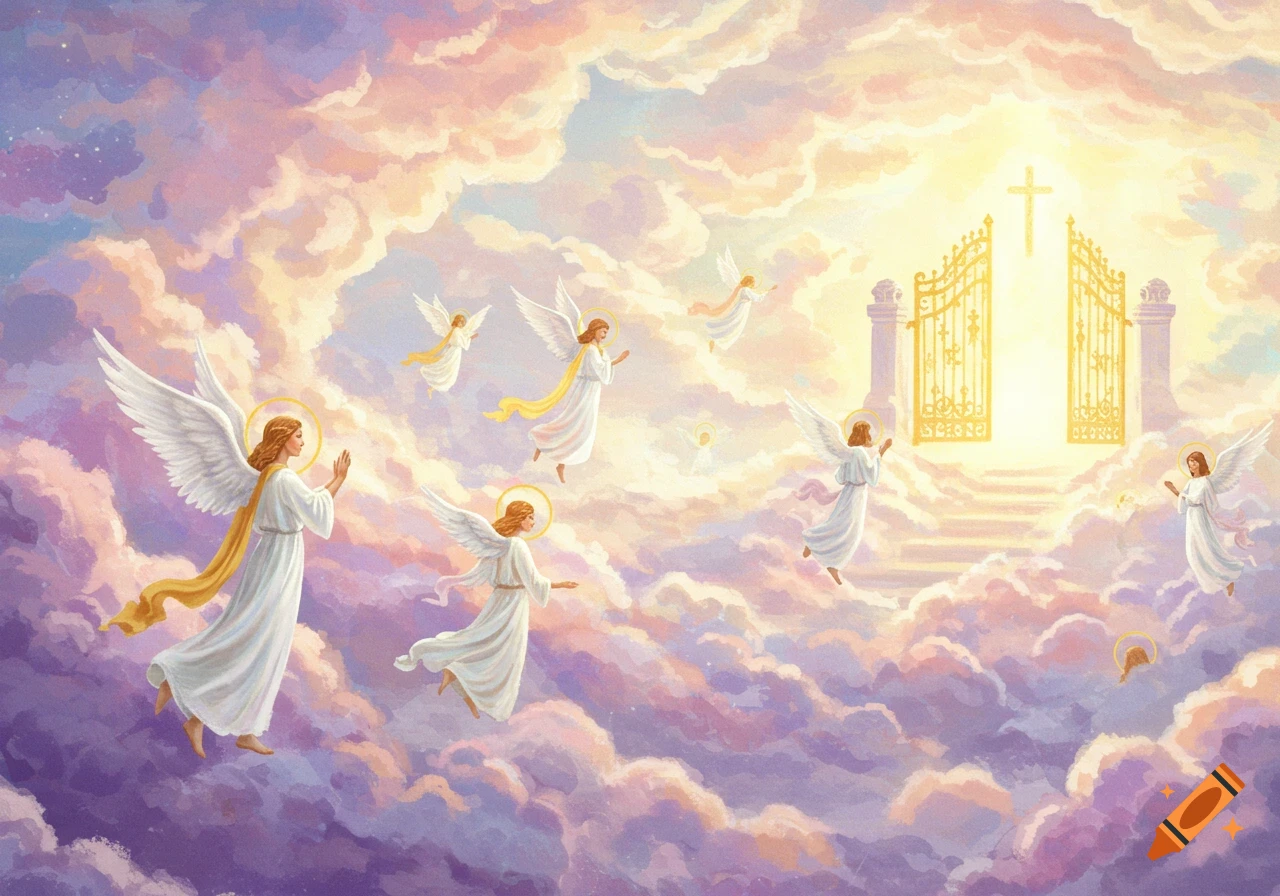 Angels flying towards golden gates in a cloudy sky
