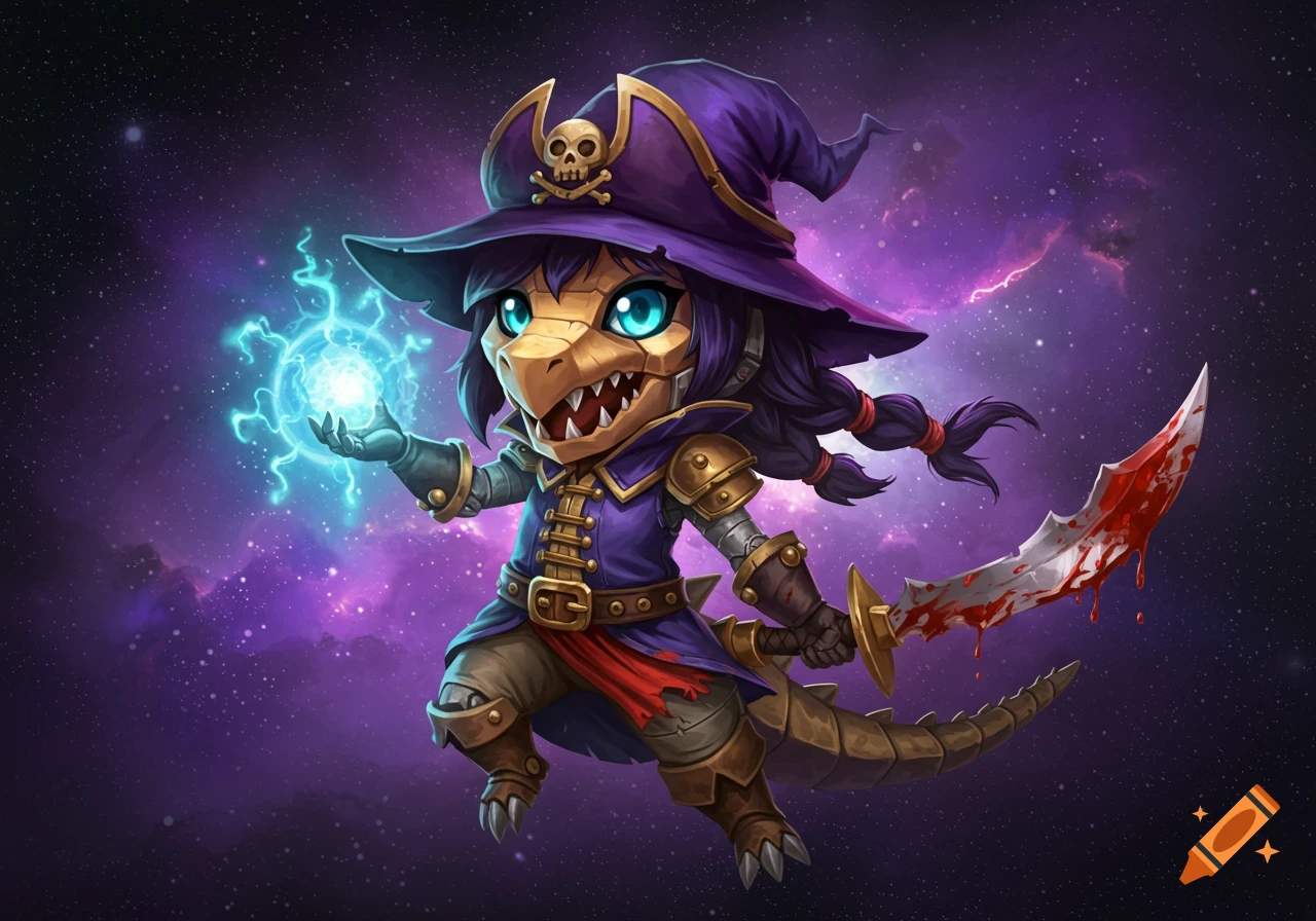A cute dinosaur pirate wizard in space holding a glowing orb and bloody sword.