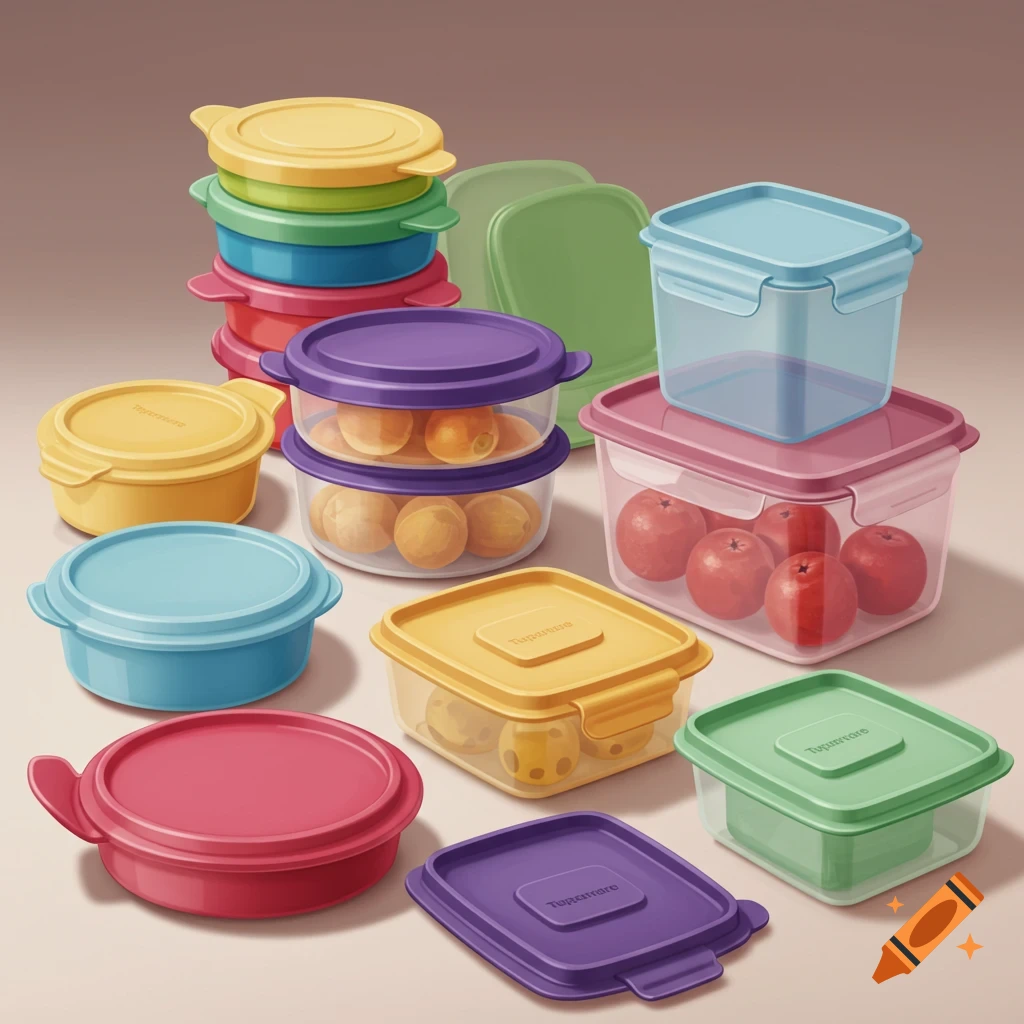 Colorful food storage containers, some filled with fruit.