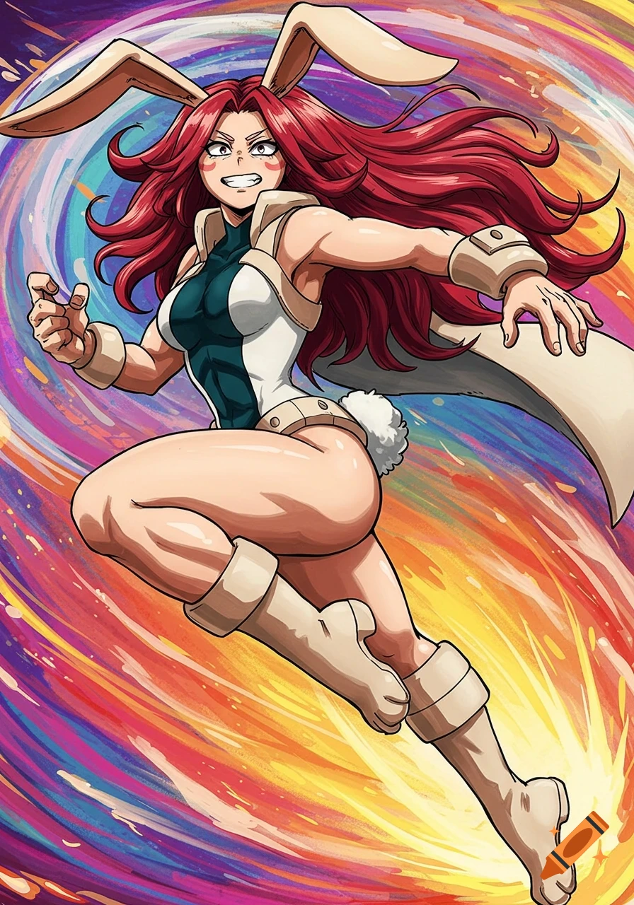 Miruko from My Hero Academia leaps in a dynamic pose against a colorful background, anime style.