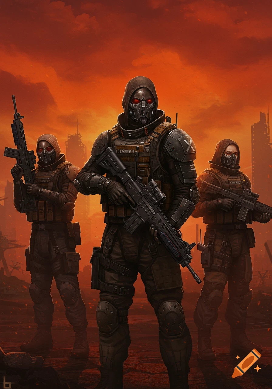 Three figures in futuristic armor with glowing red eyes hold rifles in a post-apocalyptic city.