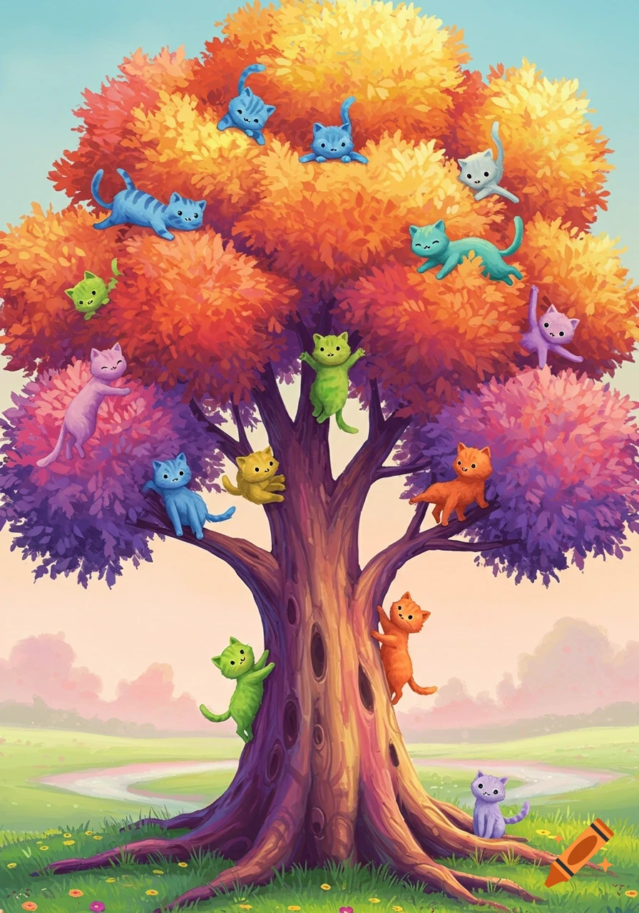 Colorful cartoon cats are climbing and sitting in a vibrant tree with autumn leaves.