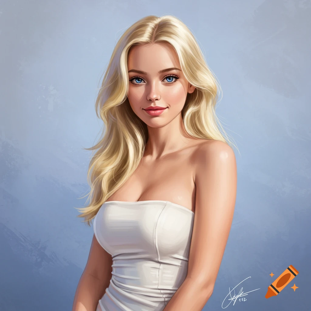 A blonde woman in a white strapless dress.